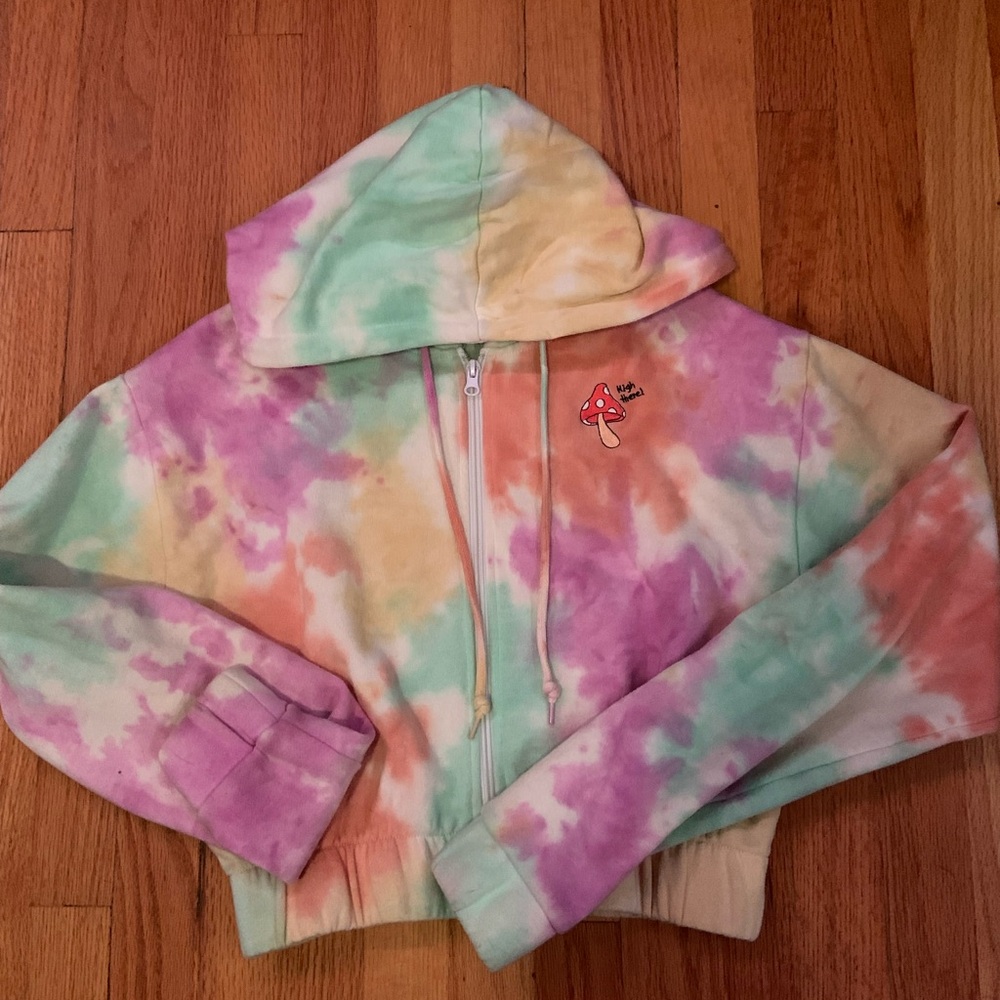 Tie Dyed Cropped Hoodie with Mushroom Embroidery
